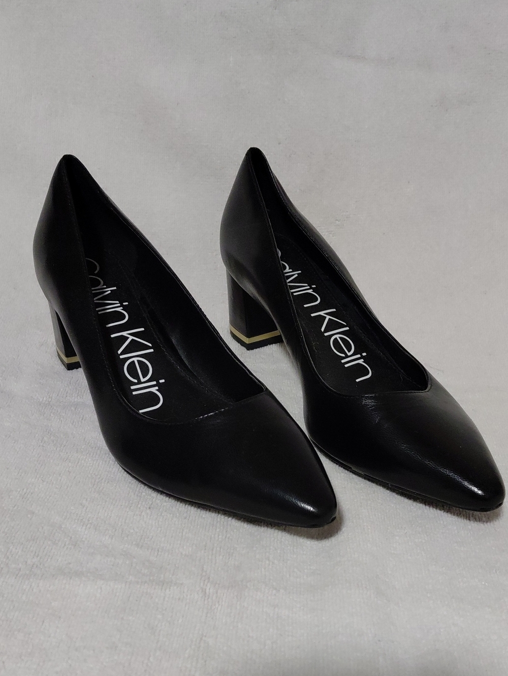 Calvin Klein NITA PUMP Black Pointed Toe Block Heel Pumps with Gold Accent